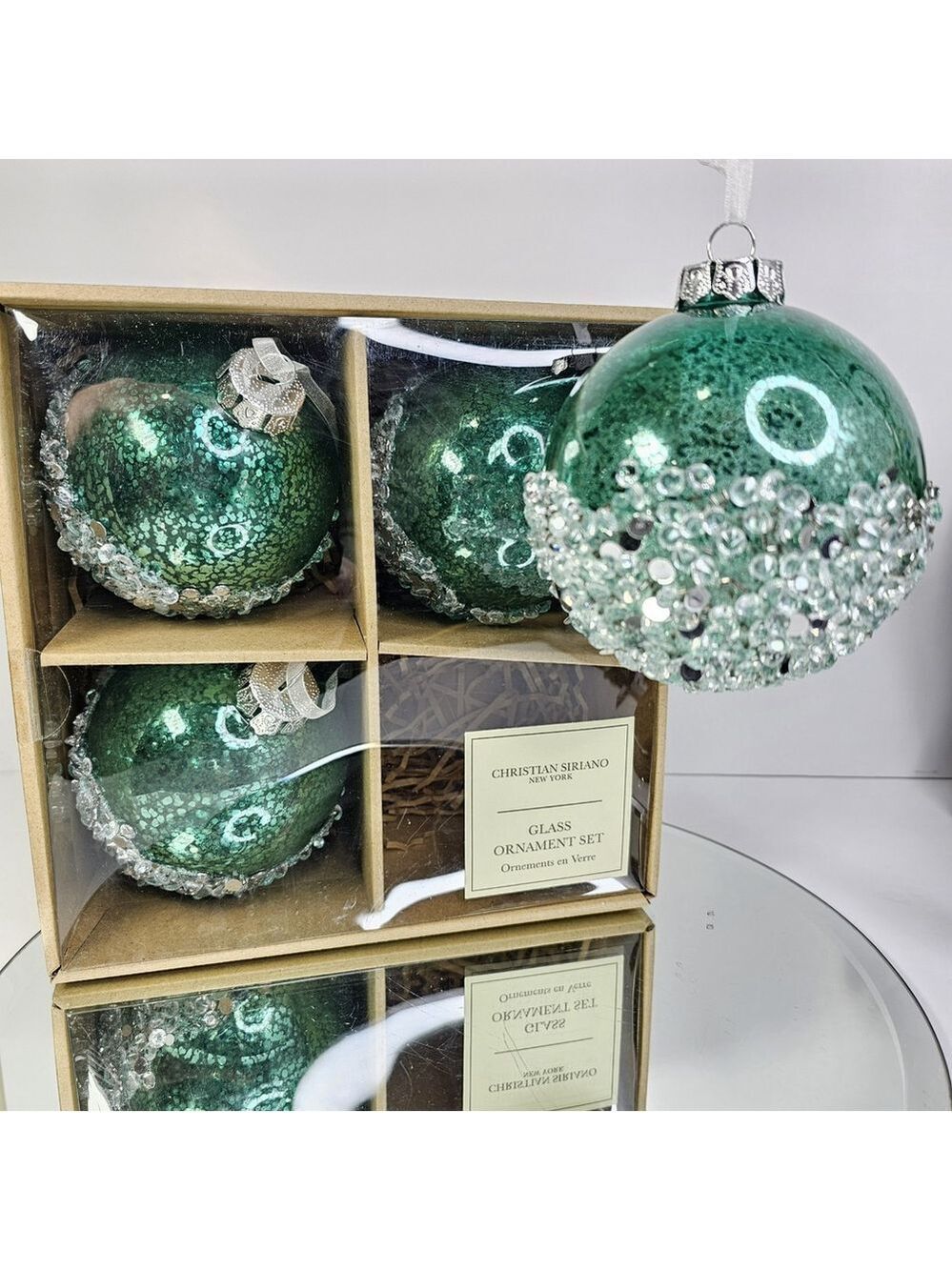 Christian Siriano Glass Christmas Ornaments 4pcs Jumbo Green Open Box New York